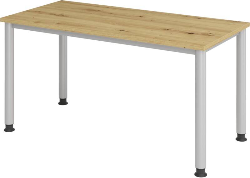 Hammerbacher VHS614/R/SDEAUFB Höhenverstellbar Gerader Schreibtisch Eiche Melamin Silber 4 Füße 1.400 x 672 x 685 mm Mit Aufbau