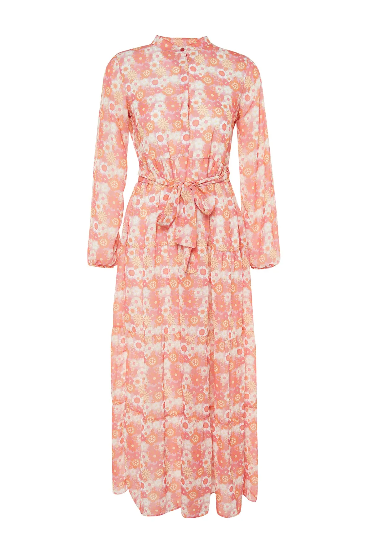 Trendyol Modest  Rosa Kleid aus gewebtem Chiffon mit Blumenmuster, Gürtel, Stehkragen und Futter TCTSS21EL3346