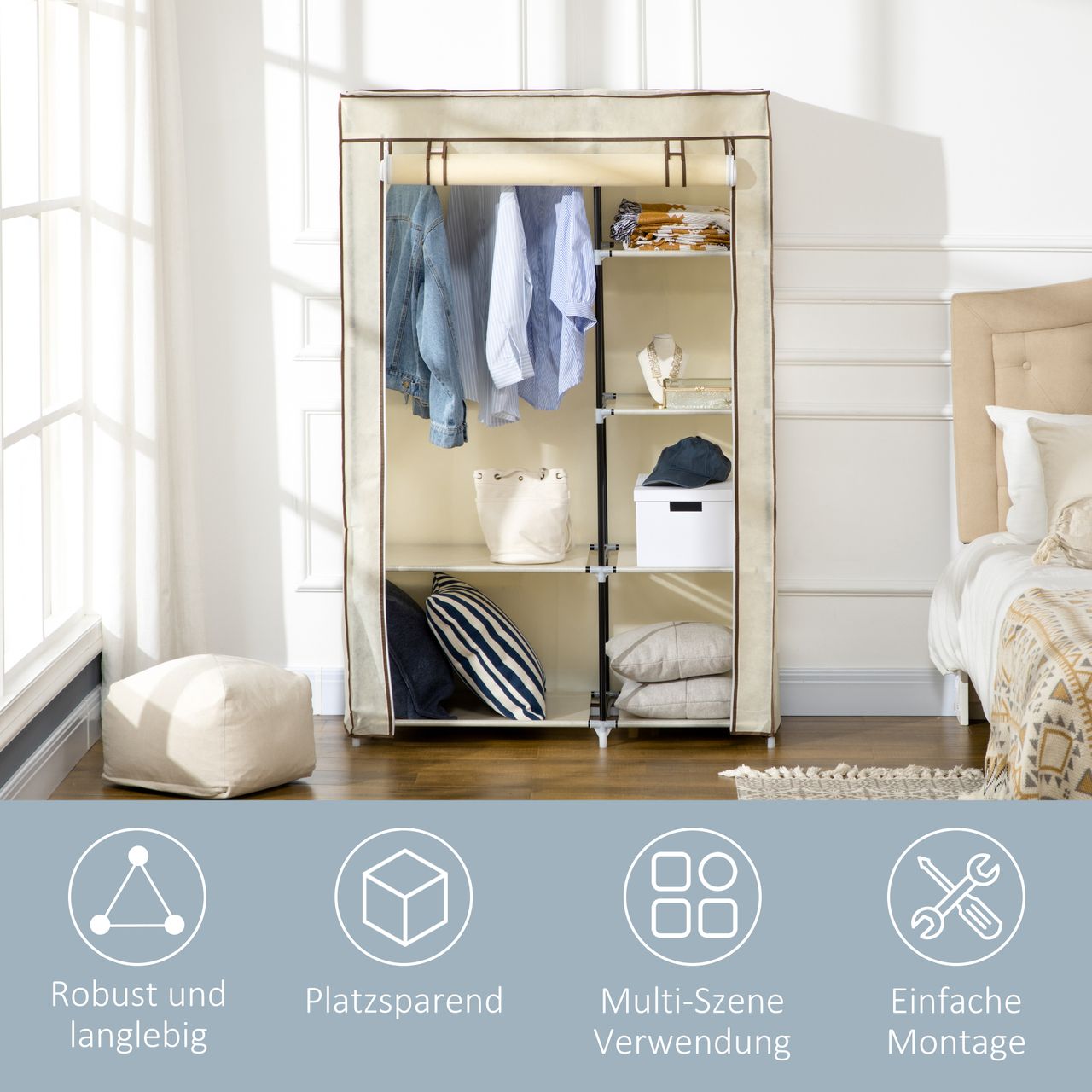 HOMCOM Kleiderschrank Stoffschrank mit 2 Kleiderstangen, 6 Fächern, Creme