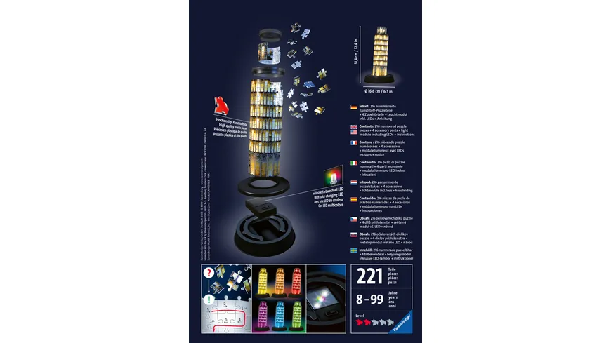 Ravensburger Puzzle - 3D Puzzles - Schiefer Turm von Pisa bei Nacht, 216 Teile