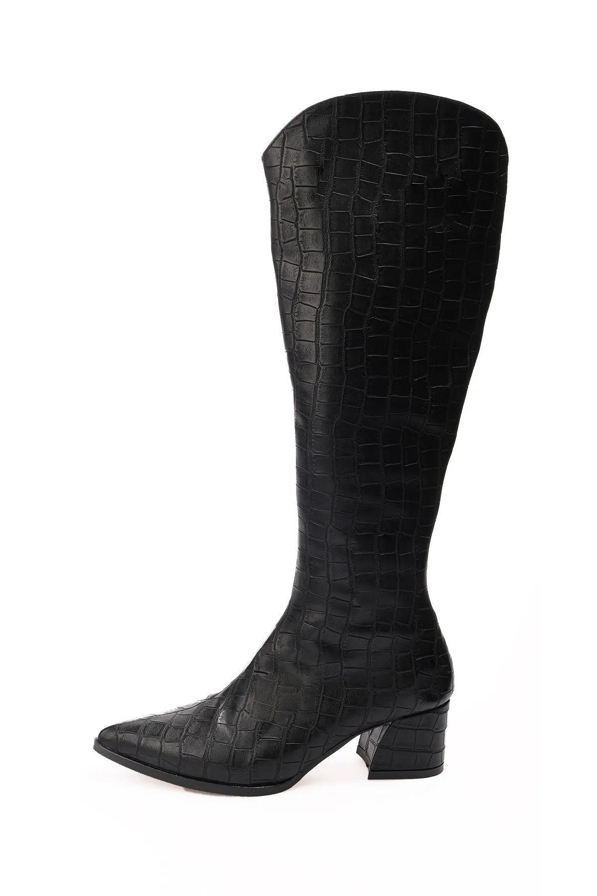 Mio Gusto  Siena High Heels für Damen in schwarzer Farbe mit Krokodilmuster, seitlichem halbem Reißverschluss und dünnem Fellfutter