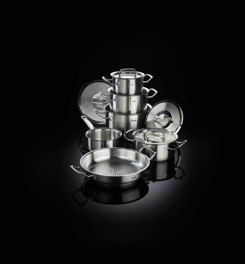 Original-Profi Collection® 5-teiliges Set aus Kochtöpfen, Bratentopf, Stielkasserolle + Gratis Servierpfanne