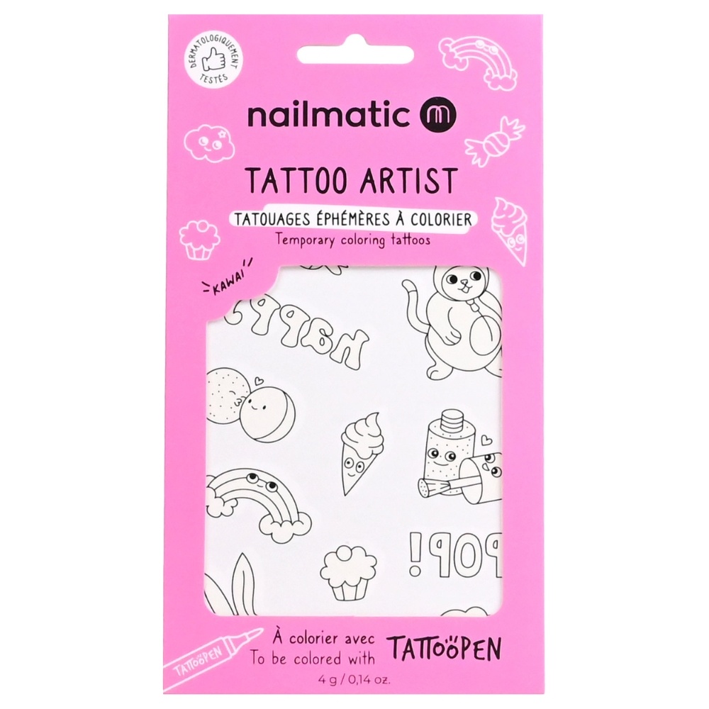 nailmatic Planche de tatouage à colorier Kawai Tatouages éphémères à colorier