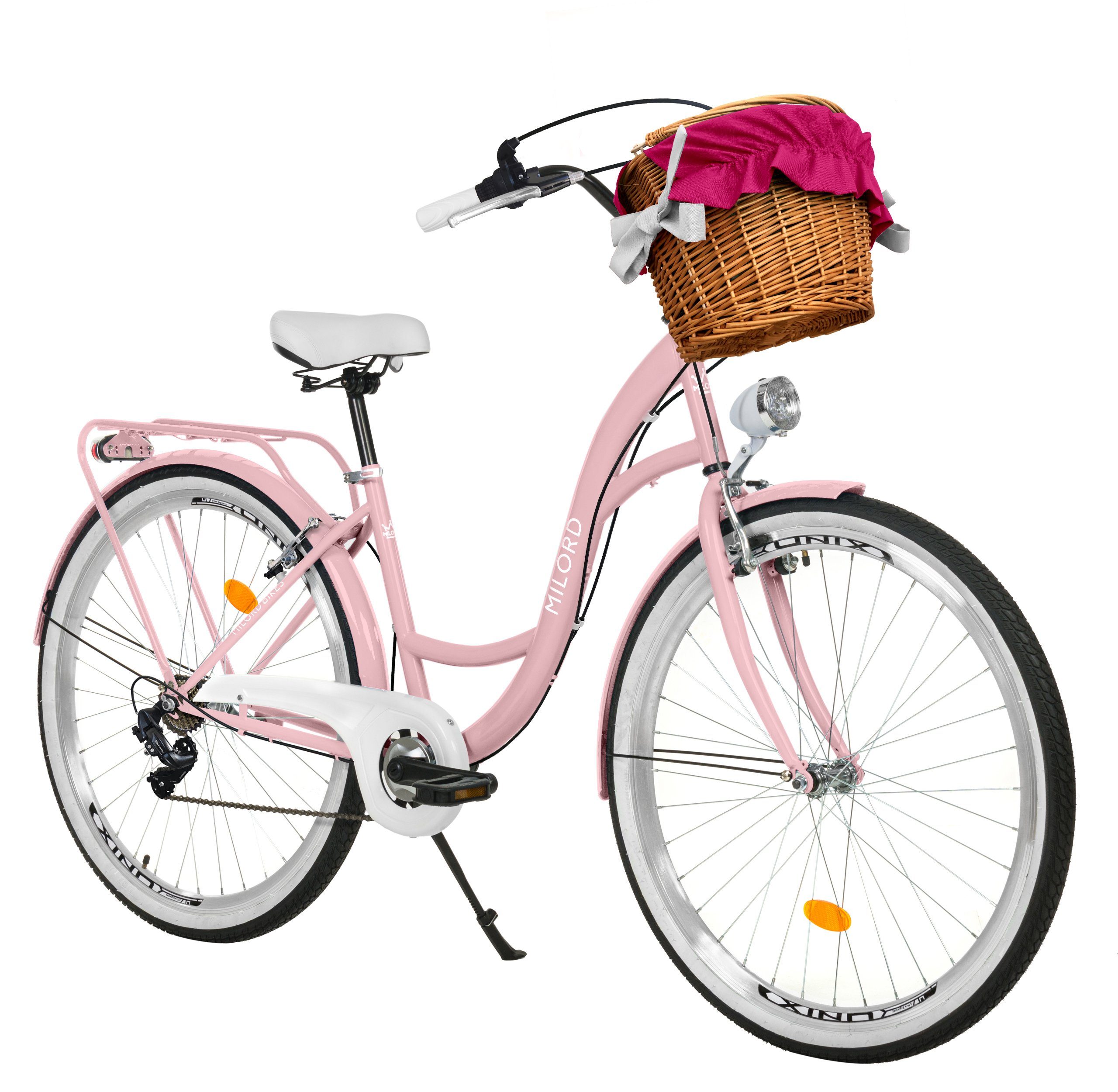 MILORD BIKES Cityrad Milord City Fahrrad Weidenkorb Damenfahrrad, 28/26 Zoll, Rosa, 7-Gang, 7 Gang, Kettenschaltung
