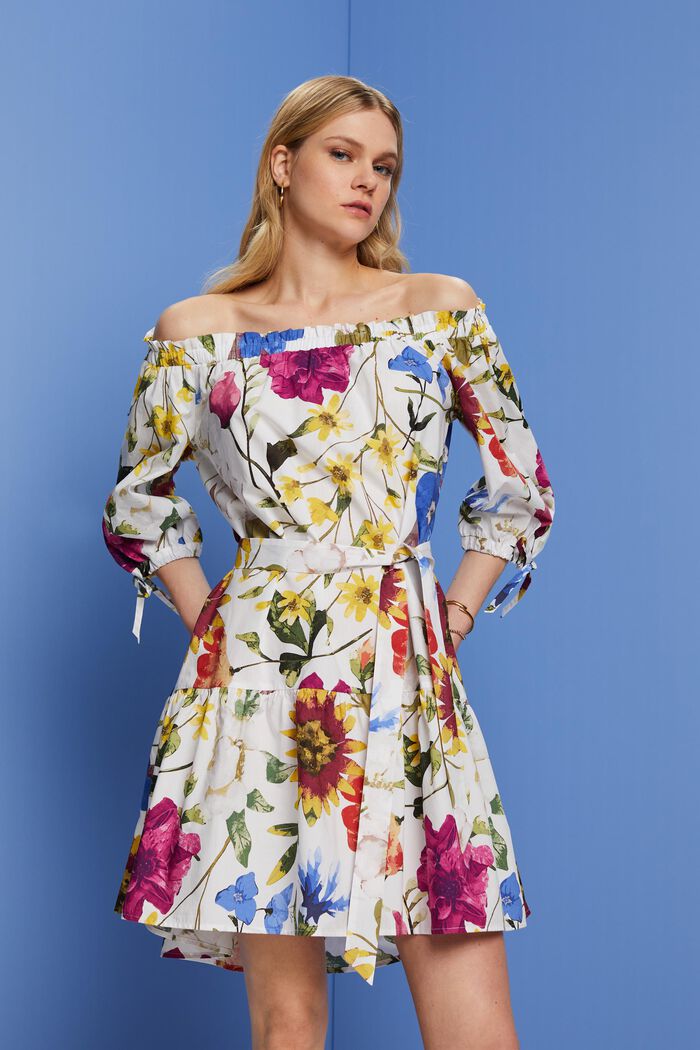 Gemustertes Off-Shoulder-Minikleid aus Popeline