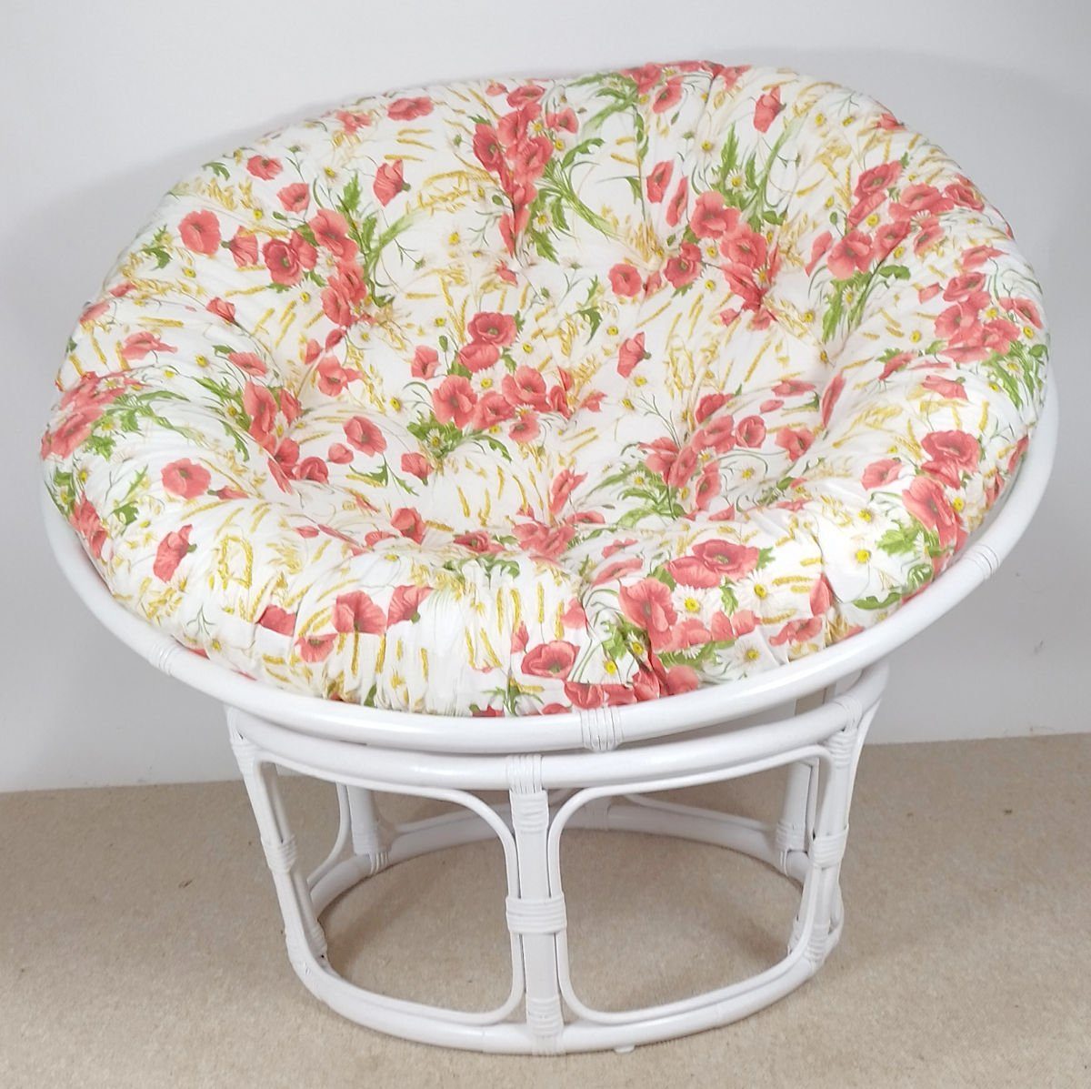 Rattani Rattanstuhl Rattan Papasan Sessel inkl. hochwertigen Polster, D 110 cm Weiß Lack