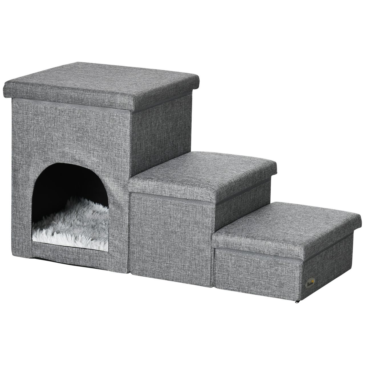 PawHut Hundetreppe, 3 Stufige Katzentreppe mit Höhle, 3-in-1 Tiertreppe Hellgrau