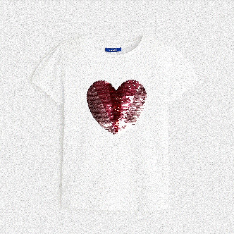 T-shirt à sequins magiques motif cœur rose fille