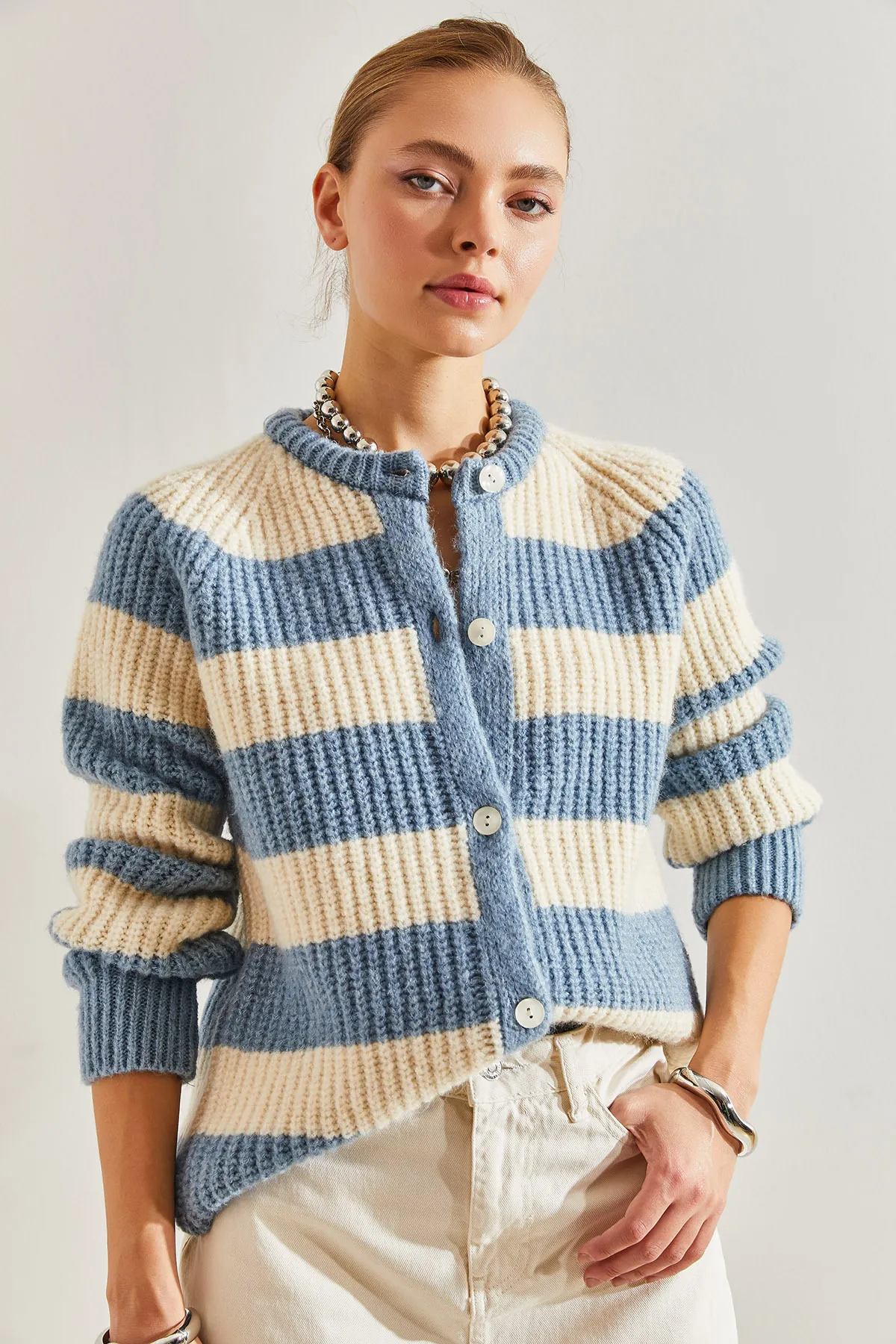 Bianco Lucci  Damen-Strickjacke mit Streifen und Knöpfen