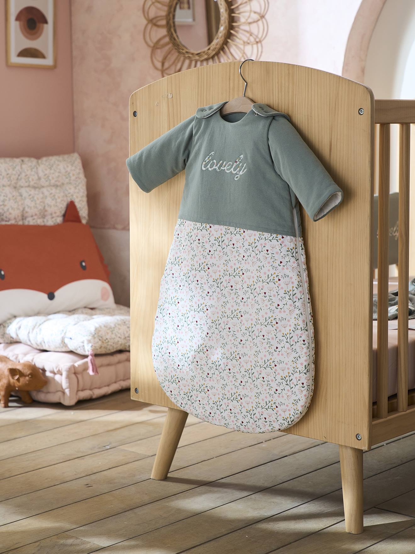 Vertbaudet Baby Winterschlafsack BLUMENZAUBER, Ärmel abnehmbar Oeko Tex - grün