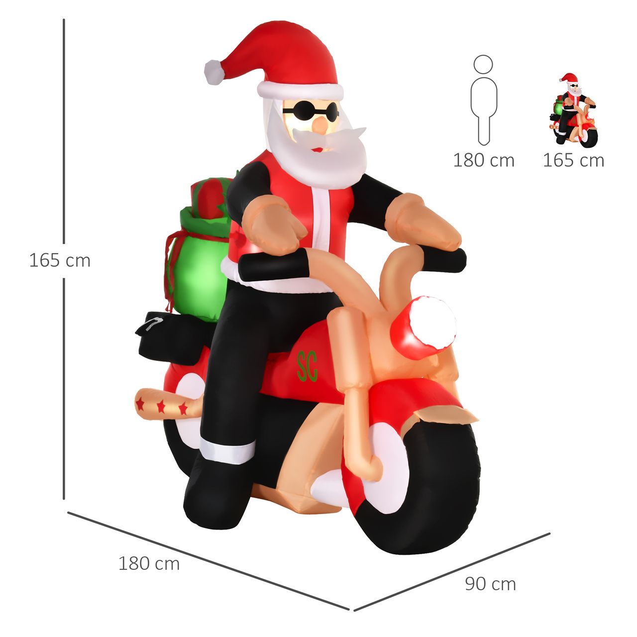 HOMCOM Aufblasbarer Weihnachtsmann auf einem Motorrad 150 cm LED mit Gebläse Weihnachts-Party Weihnachtsdekoration Polyester Weiß Rot Grün 153 x 55 x 150 cm