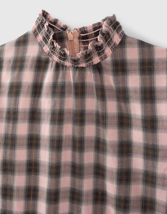 Robe rose et kaki à carreaux et col smocké fille
