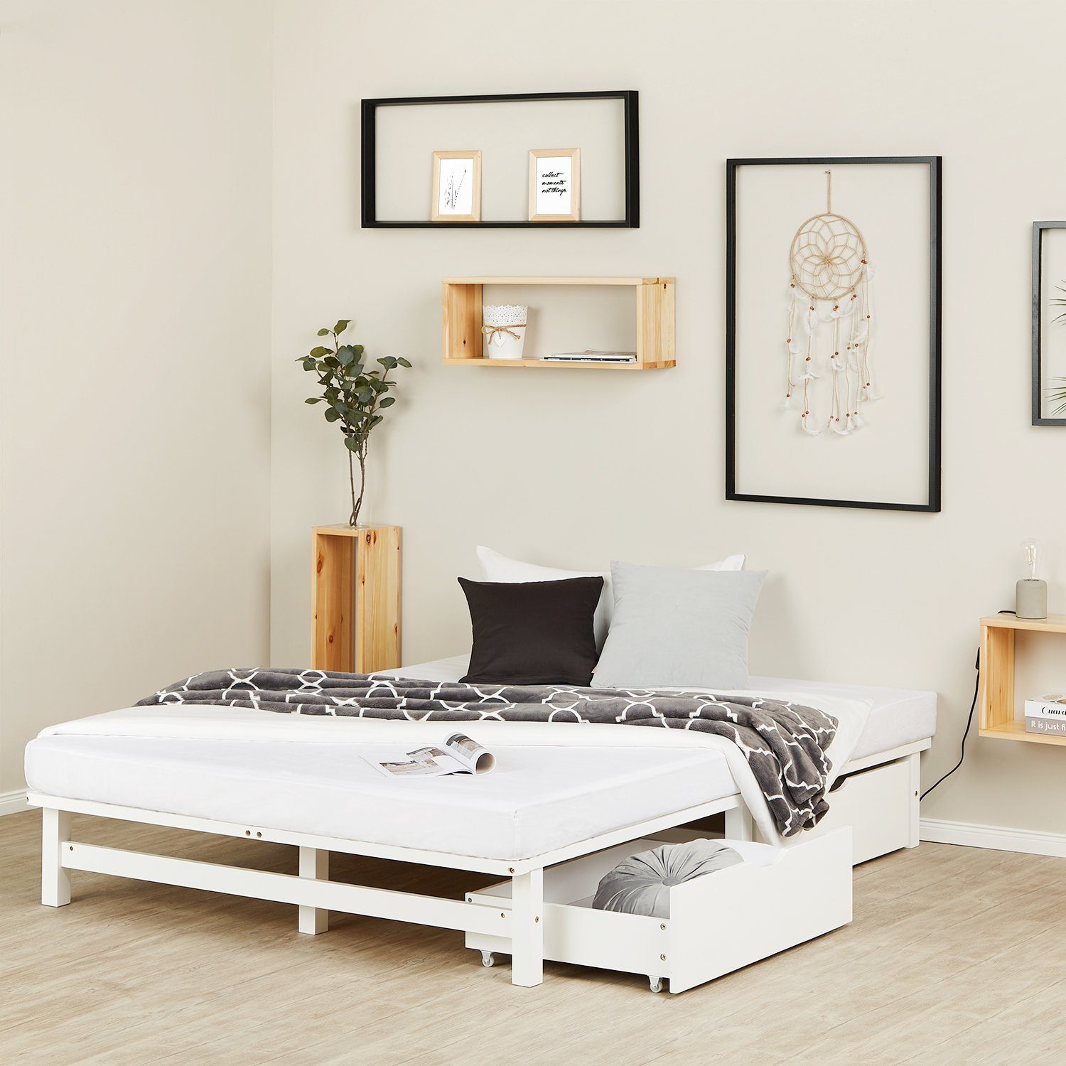 Homestyle4u Holzbett Doppelbett 140x200 mit Bettkasten 2er Set Rollrost