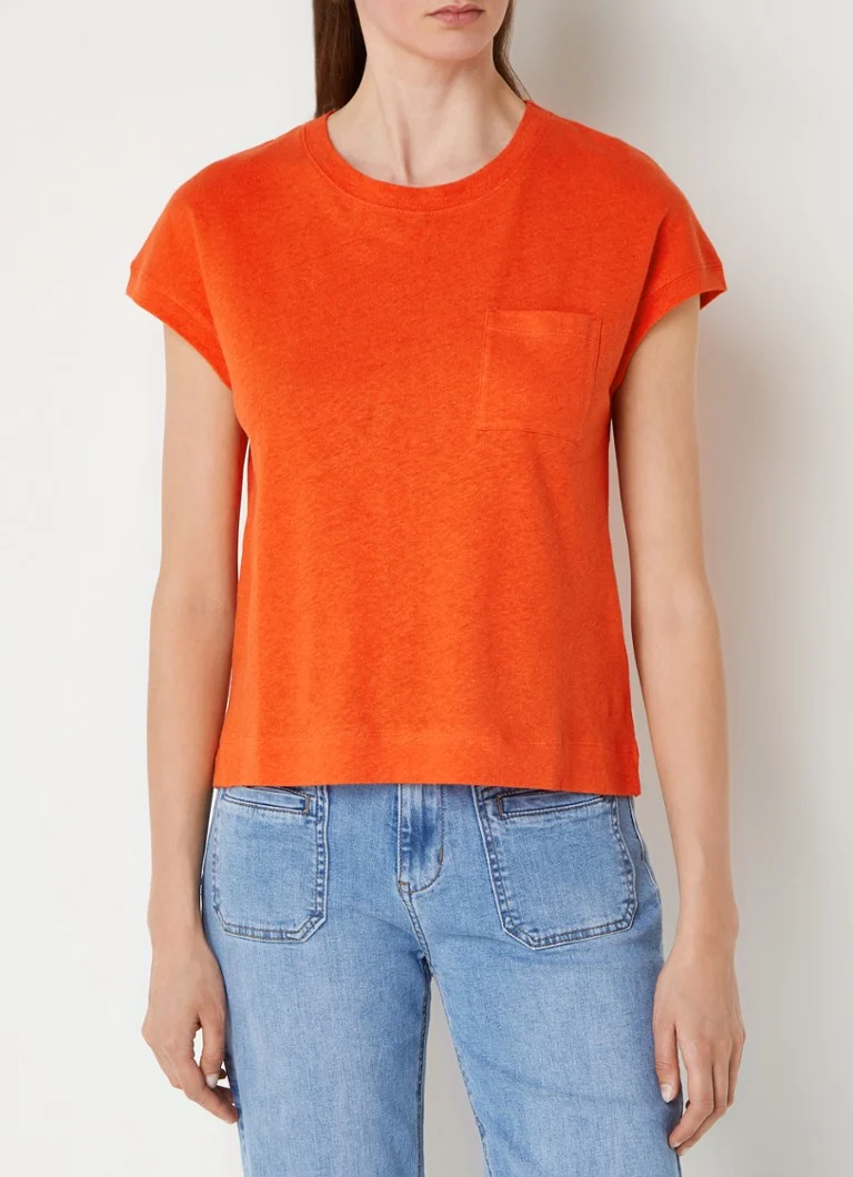 Lina maisījuma T-krekls ar krūšu kabatu un svilpju rakstu