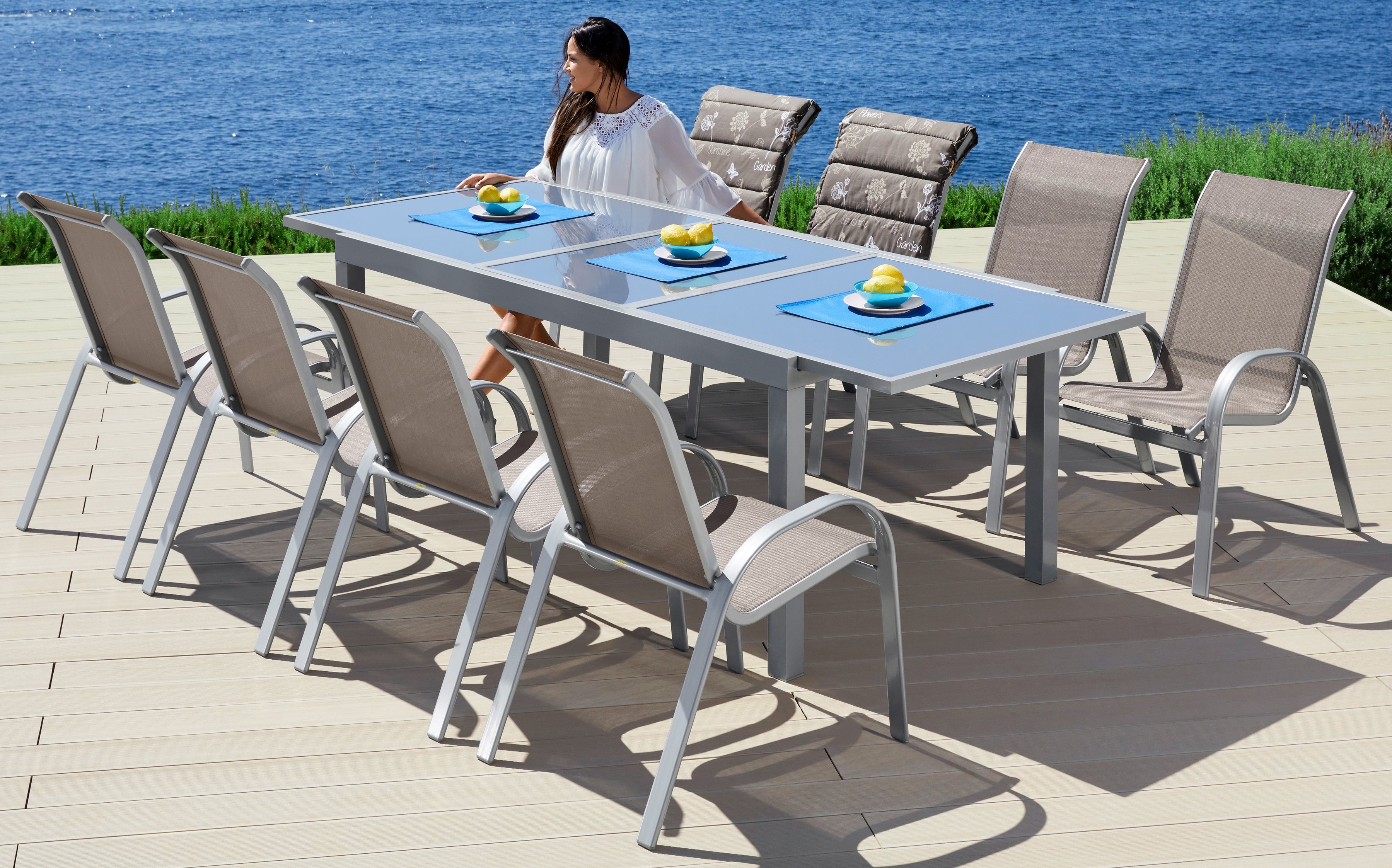 MERXX Garten-Essgruppe Amalfi, (9-tlg), 8 Stapelsessel, Tisch 100x180-240 cm, Alu/Textil