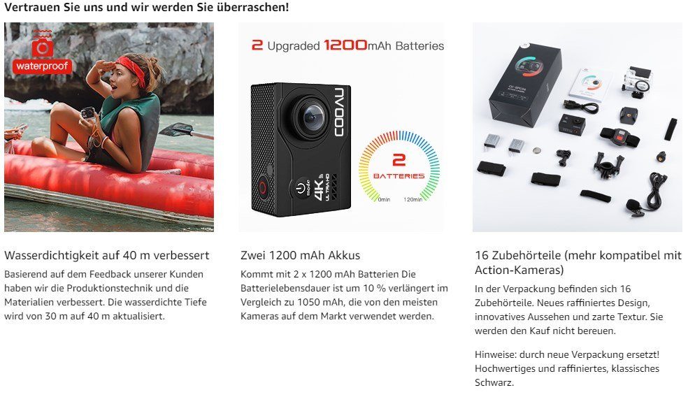 OKWISH Sport Kamera 4K 20MP WiFi 40M Unterwasserkamera Sportkamera Helmkamera Action Cam (4K Ultra HD, WLAN (Wi-Fi), Sportcamera Sports Camera Actioncam 2 1200mAh Akkus 2.4G Fernbedienung, 2,0 Zoll, 40M IPX6 Wasserdicht, Fahrrad Motorrad Tauchen Schw