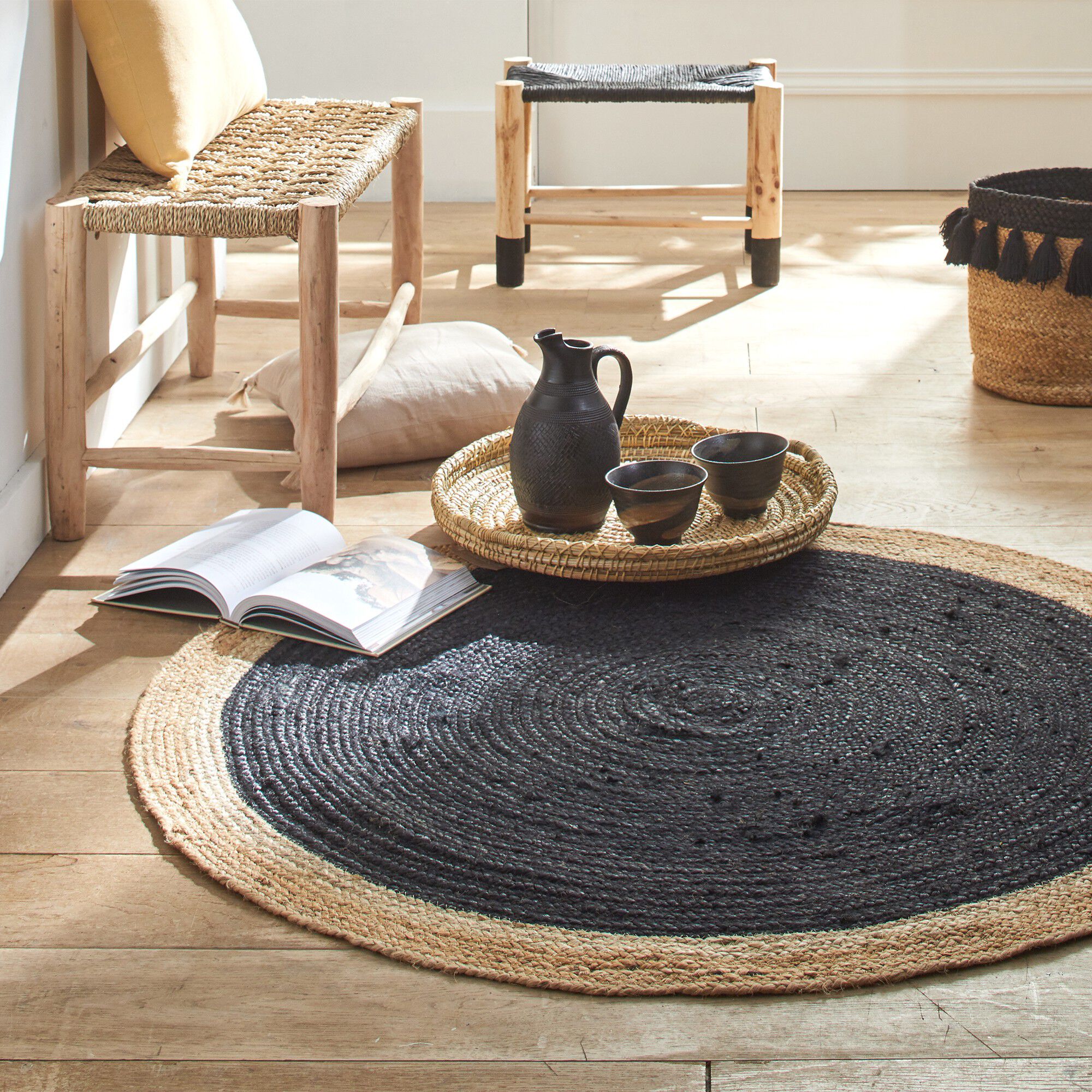 Tapis rond jute bicolore noir et naturel