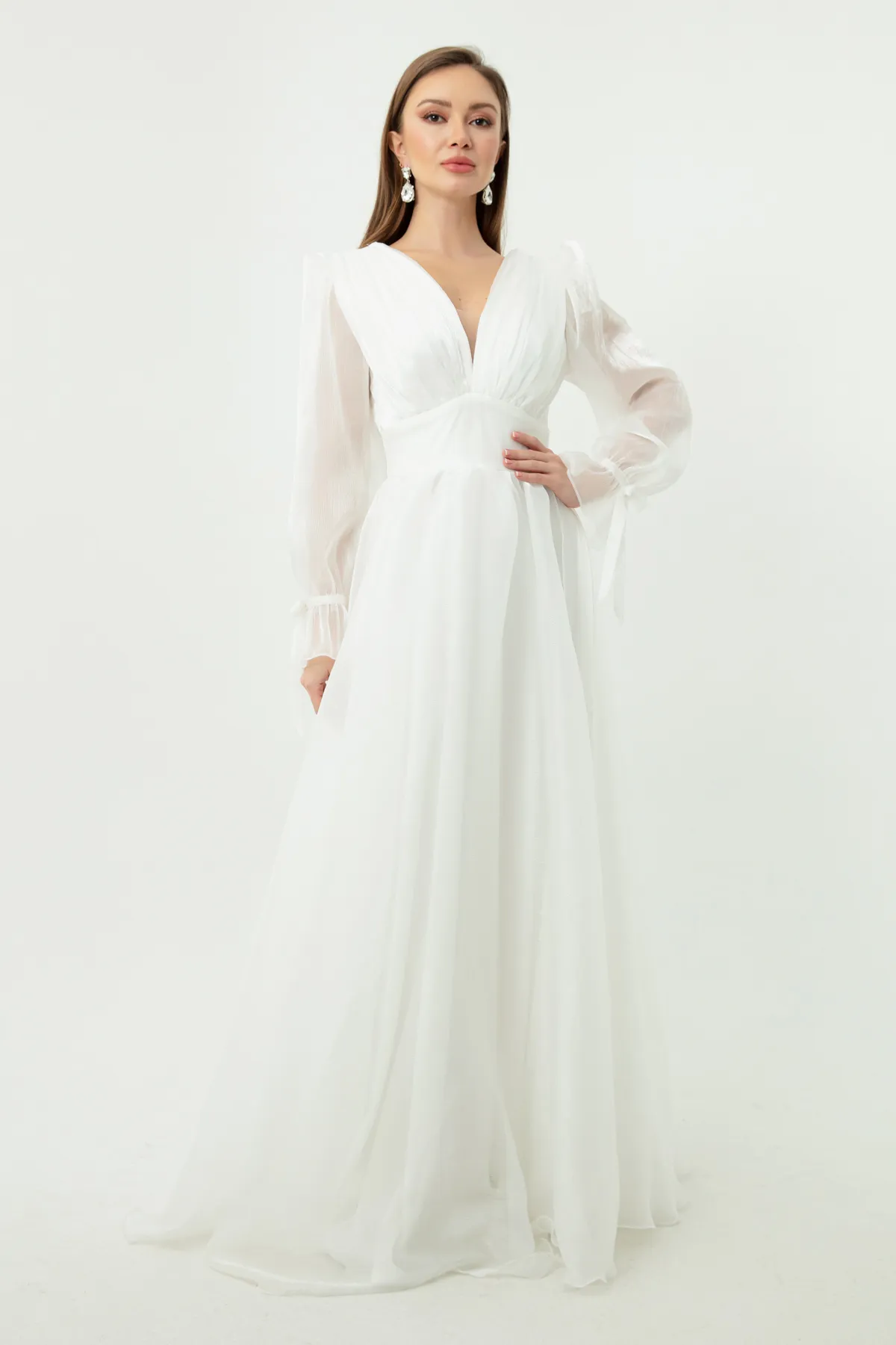 Lafaba  Weißes langes Abendkleid für Damen mit Ballonärmeln und V-Ausschnitt
