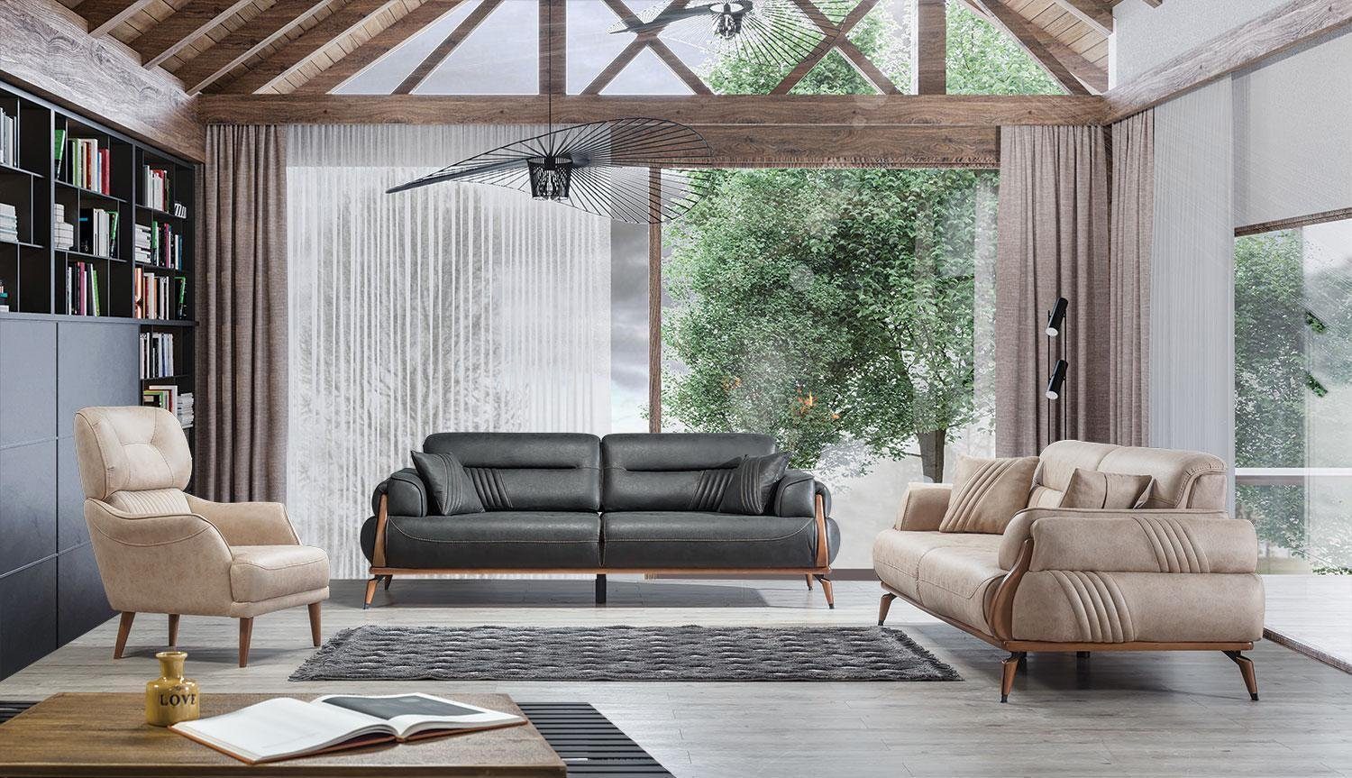 JVmoebel Wohnzimmer-Set Dreisitzer Sofas Wohnzimmer Designer Polstermöbel Sessel Modern, (3-St., Sofa 3 Sitzer, Sessel), Made in Europa