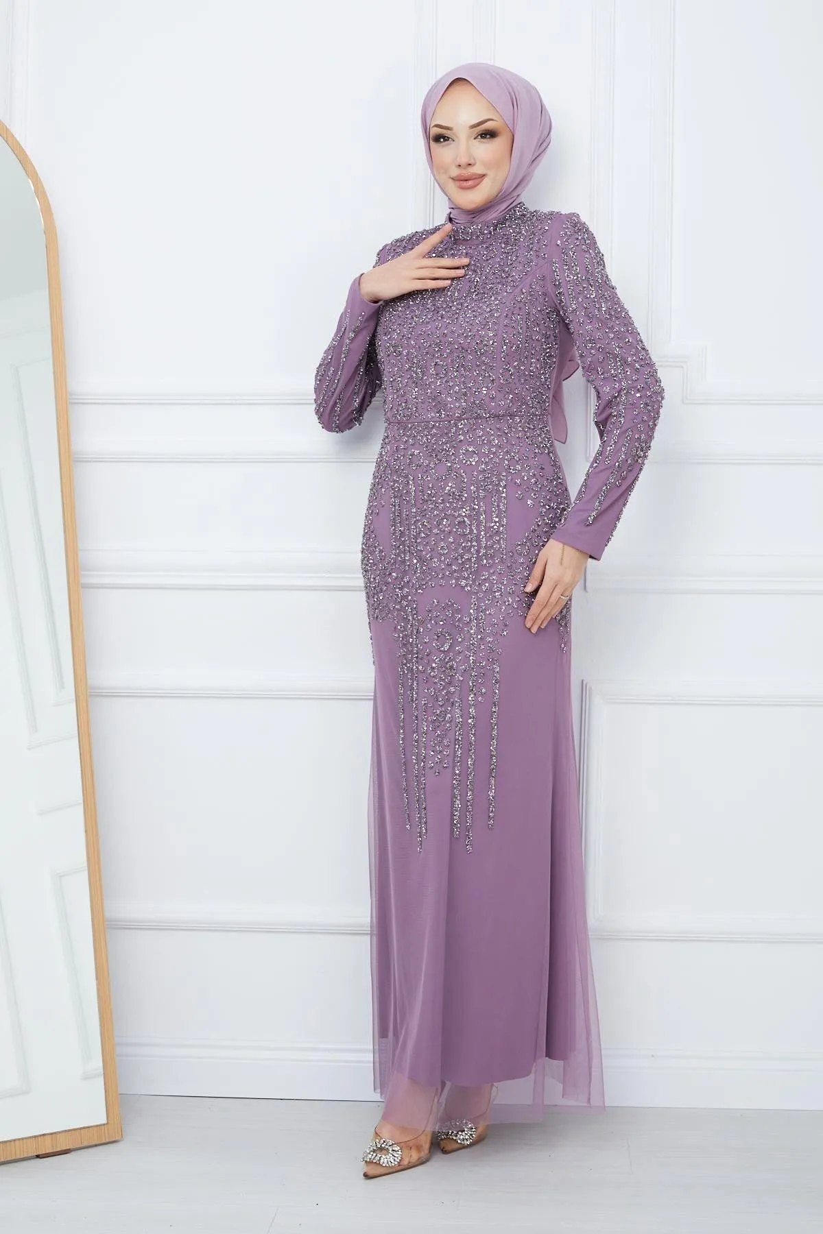 Olcay  Mit Perlen und Steinen besetztes Tüll-Hijab-Abendkleid LILA 1663