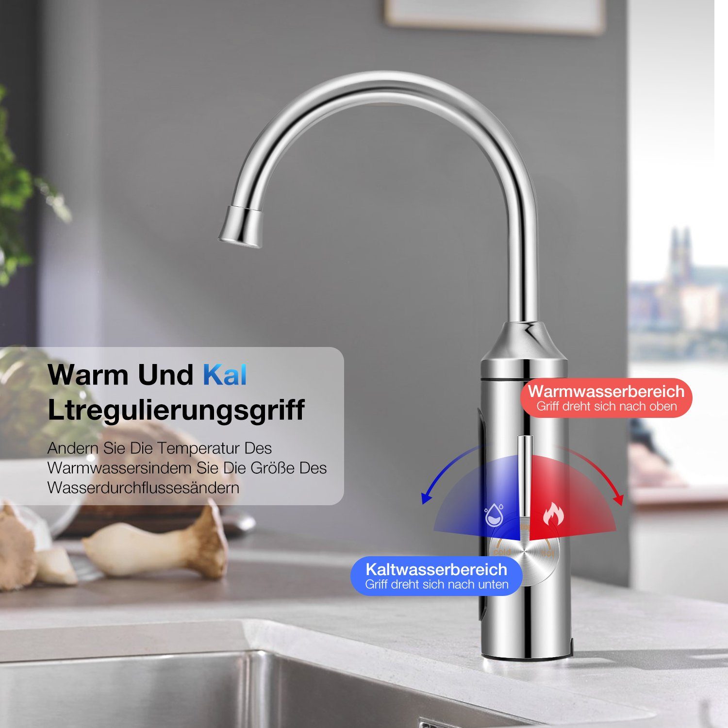 oyajia Klein-Durchlauferhitzer Küchenarmatur 3KW Elektrischer Wasserhahn,LED Digitalanzeige,Edelstahl, Heizung Küche Durchlauferhitzer Sofort Warm Armatur
