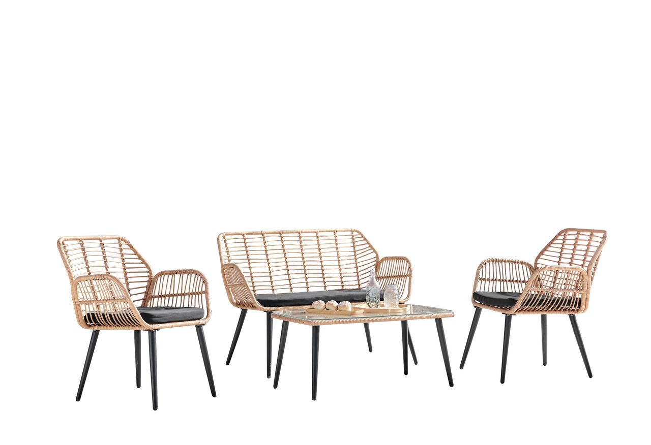 Happy Home Happy Home Loungeset 4tlg. HGS46-SCH helles Rattan mit Sitzkissen in schwarz