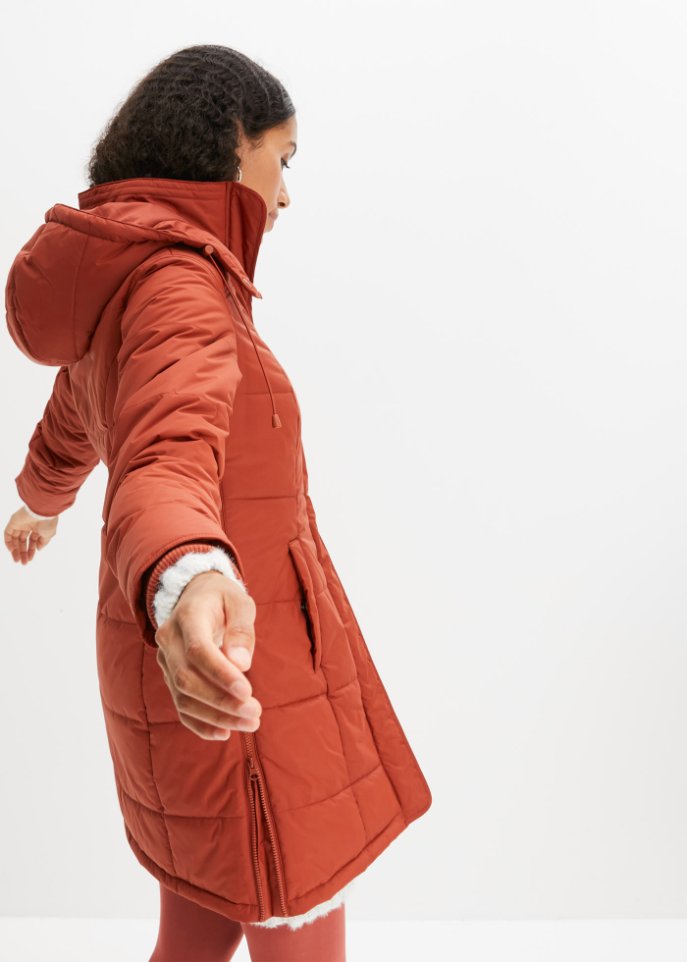 Long-Steppjacke, wattiert mit Kragen und Kapuze