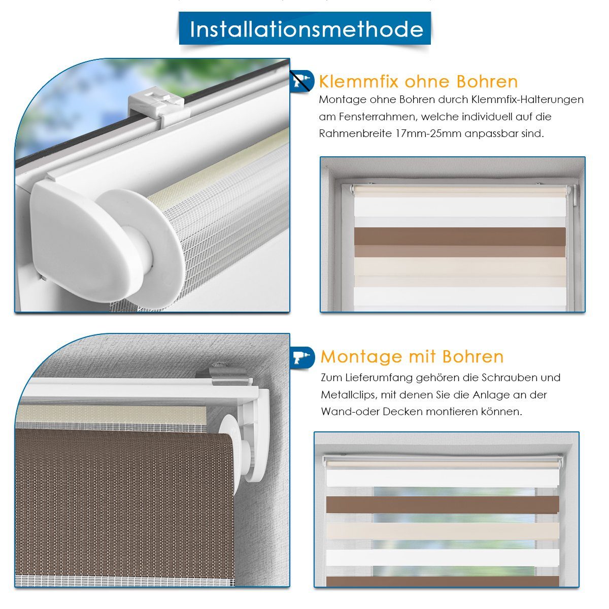 Doppelrollo rollos für Fenster ohne Bohren 130cm, OUBO, Lichtschutz, freihängend, mit Klemmträger, Klemmfix, livhtdurchlässig und verdunkelnd