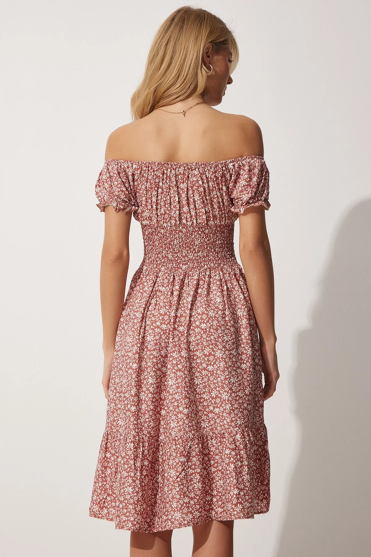Happiness İstanbul  Damen-Sommerkleid mit Carmen-Kragen, ziegelfarben, gestrickt, MX00080