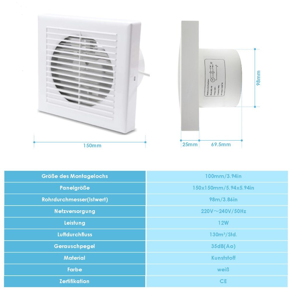 Clanmacy Wandventilator Badlüfter 100/150mm Ventilator Wandlüfter Mit Rückflussleitblech