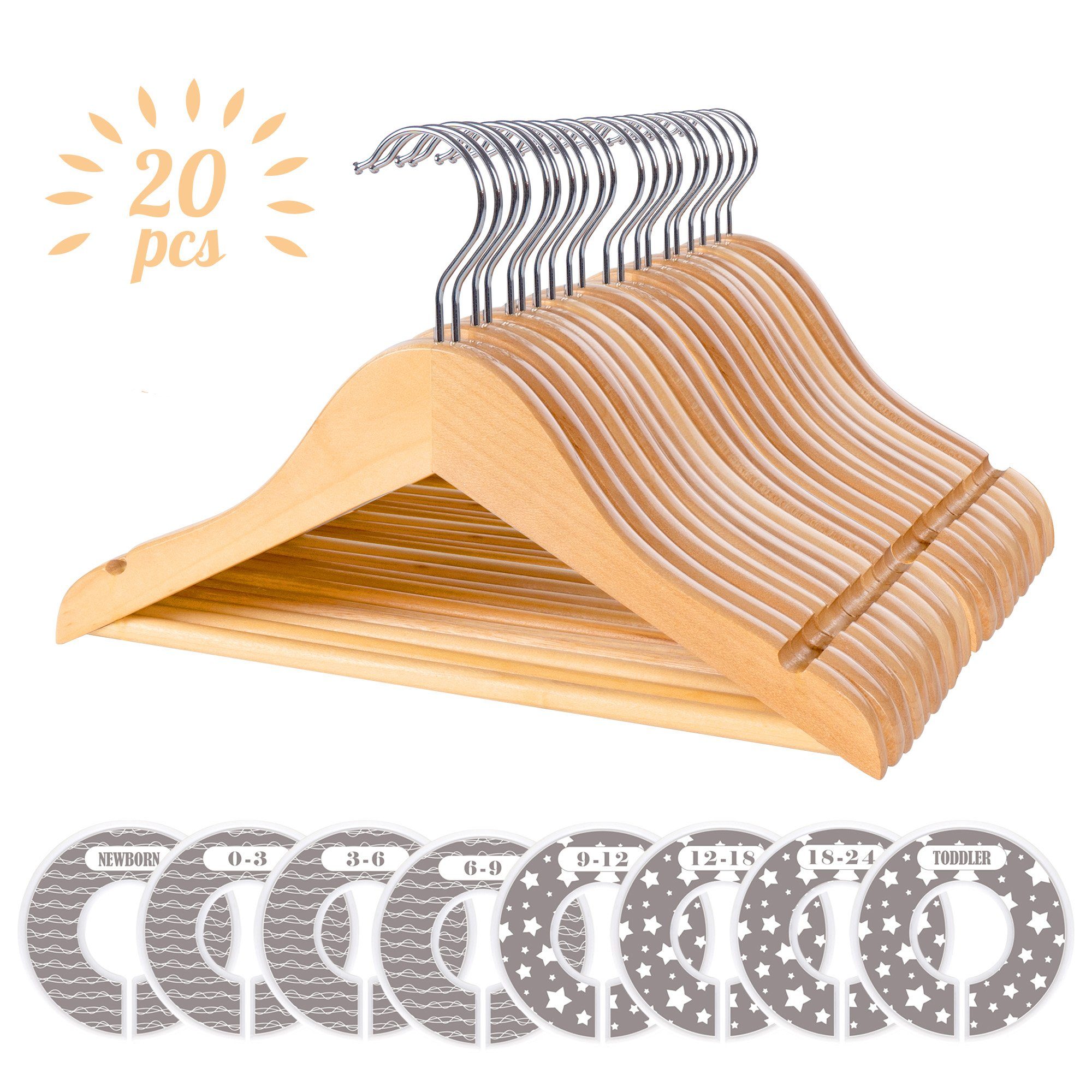 Homewit Kleiderbügel Baby Kinderkleiderbügel aus Holz mit Hosensteg und 8 Kleidungsteiler, (Set, 20-tlg), Mit 360° drehbarer Haken und Einschnitt für Baby & Kinderkleidung