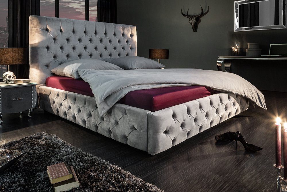 riess-ambiente Polsterbett PARIS 180x200cm grau (1-tlg), Schlafzimmer · Samt · Ziersteppung · Chesterfield-Design