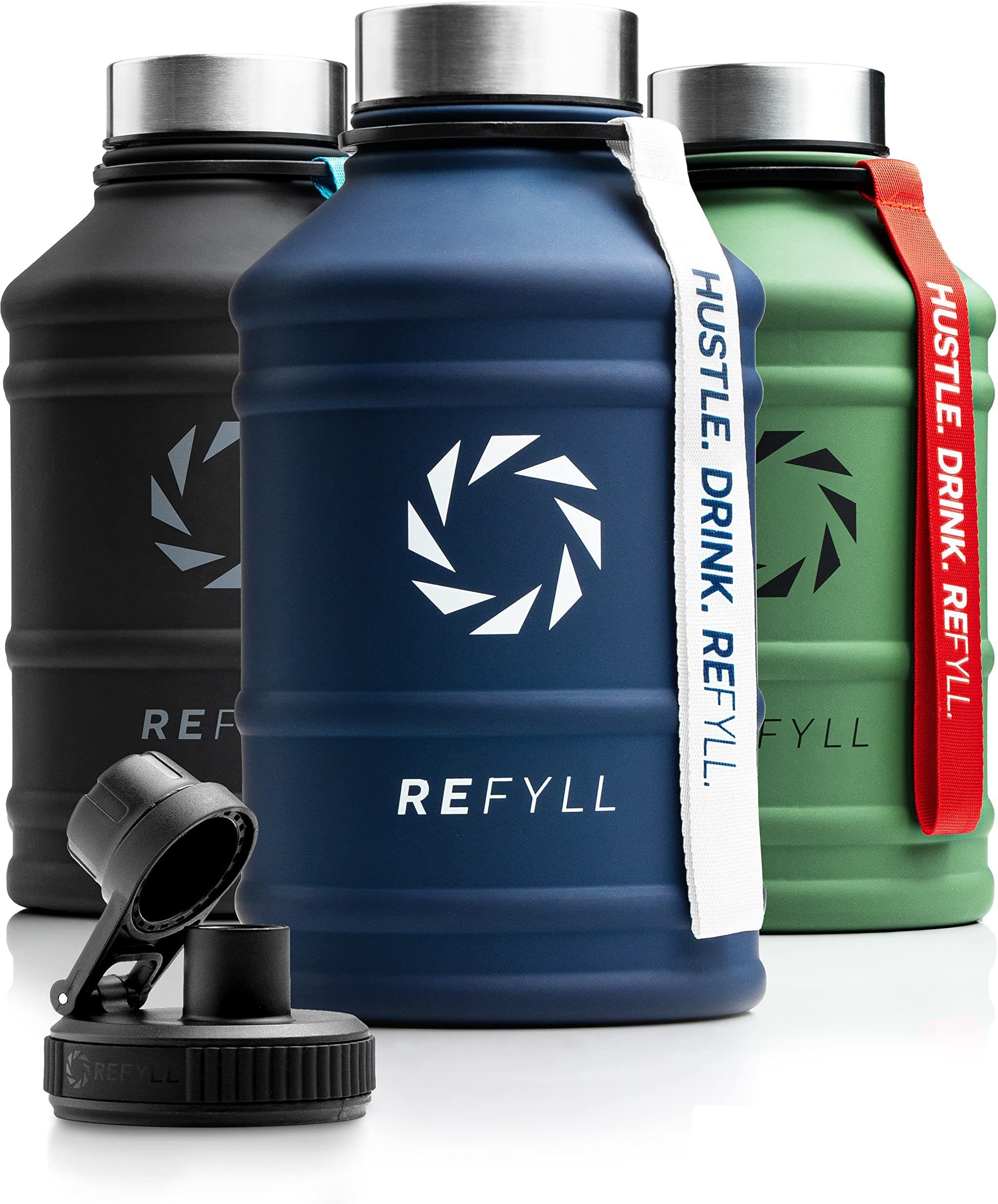 REFYLL Trinkflasche Edelstahl Trinkflasche Hero 1,3L und 2,2L, Auslaufsicher, robust, Fitness Trinkflasche für Sport, Gym, Water Jug auslaufsicher