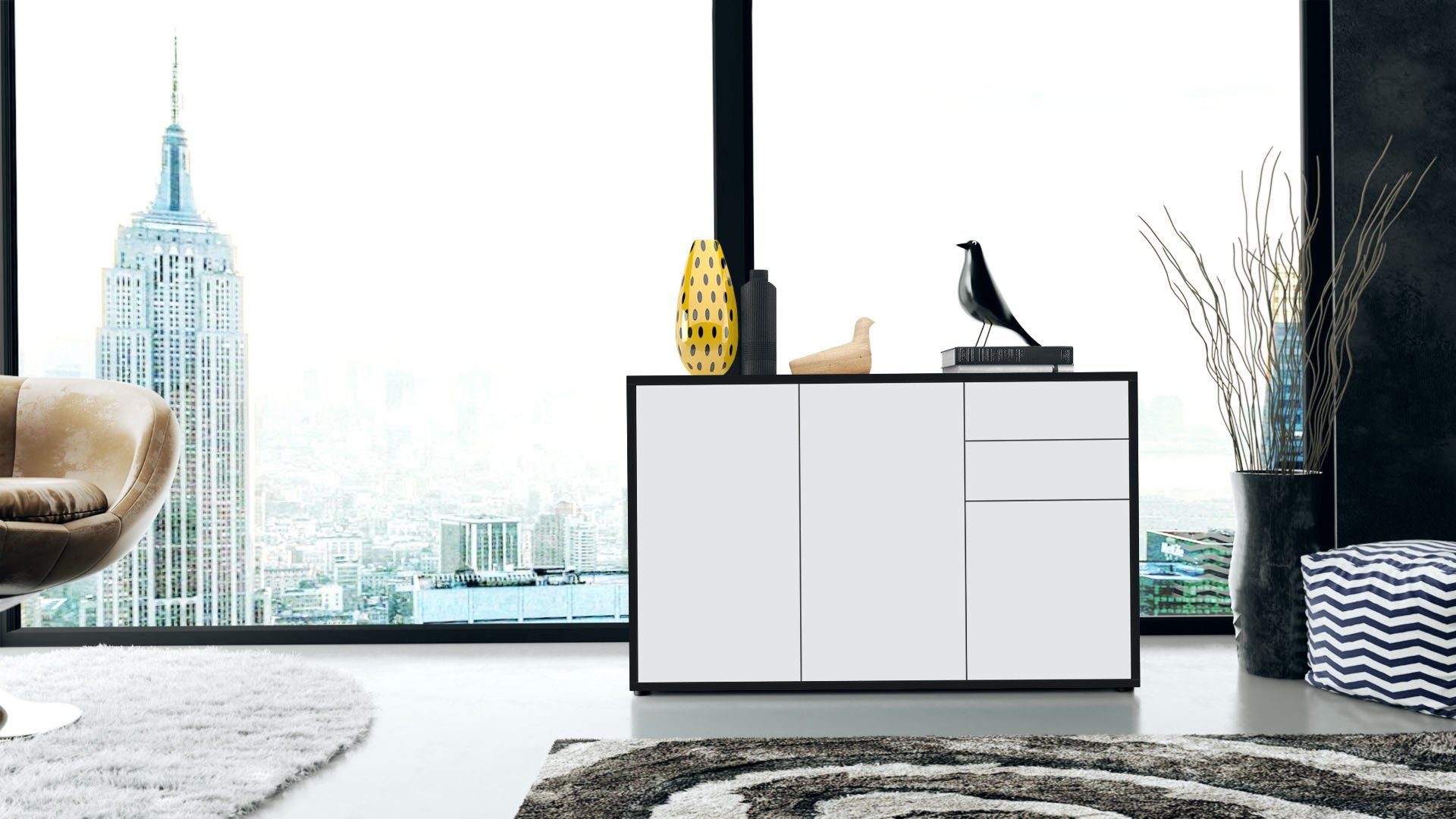 Vladon Kommode Ben (Kommode, mit 3 Türen und 2 Schubladen), Schwarz matt/Weiß matt (117 x 74 x 36 cm)