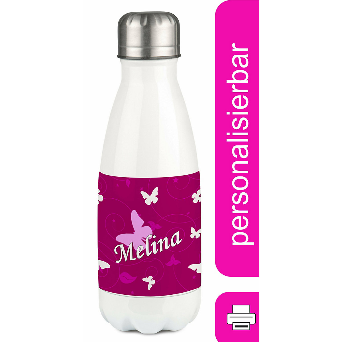 Edelstahl Kinder Thermoflasche / Trinkflasche bunt Schmetterling Ornamente Farbe brombeere Spülmaschinenfest, Auslaufsicher, Bruchfest, Doppelwandig, Für Heißgetränke geeignet, Mit Deckel, Isolier