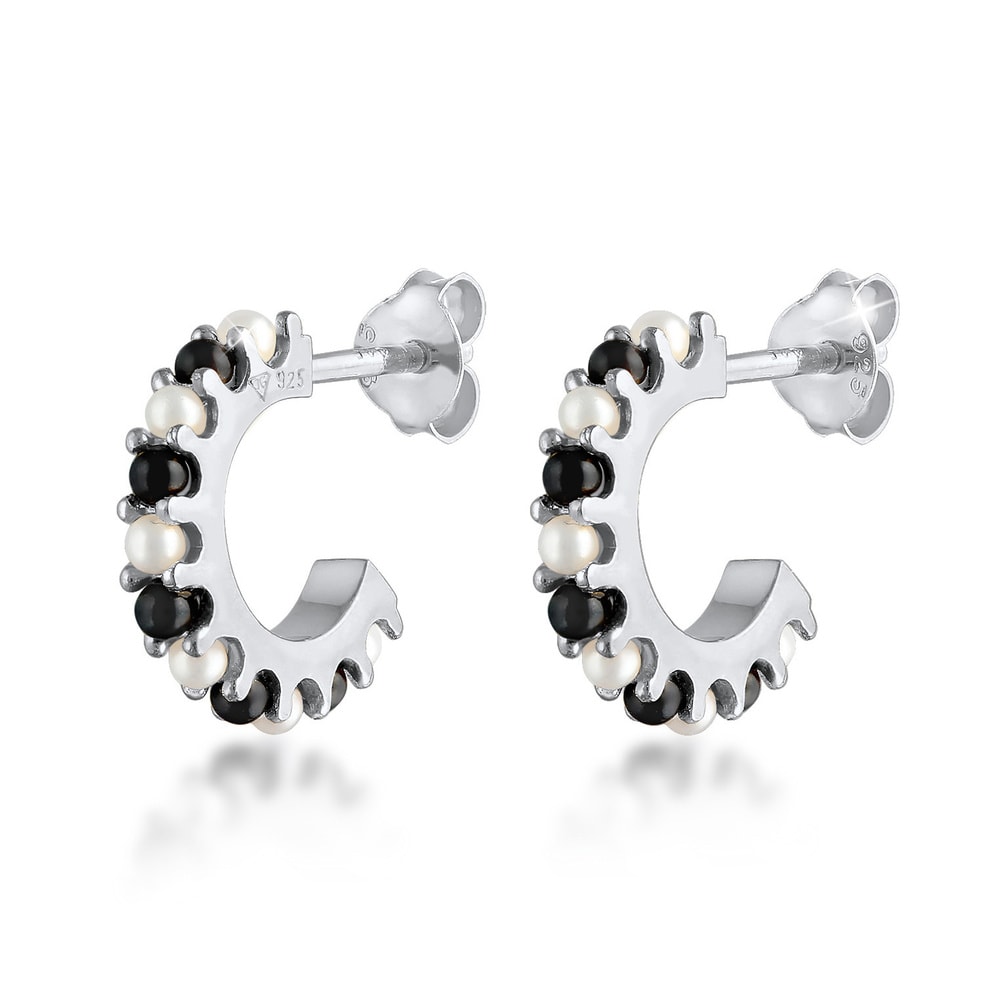 Elli Elli Boucles d'Oreilles Créoles Femme Perle Noir-Blanc Classique en argent sterli Boucles d'oreilles
