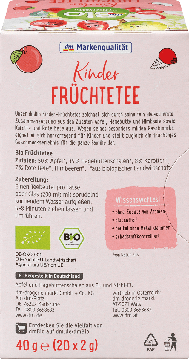 Kindertee Früchte mit Apfel & Hagebutte (20 Beutel), 40 g