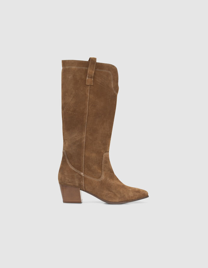 Bottes cognac cuir velours esprit santiag Femme
