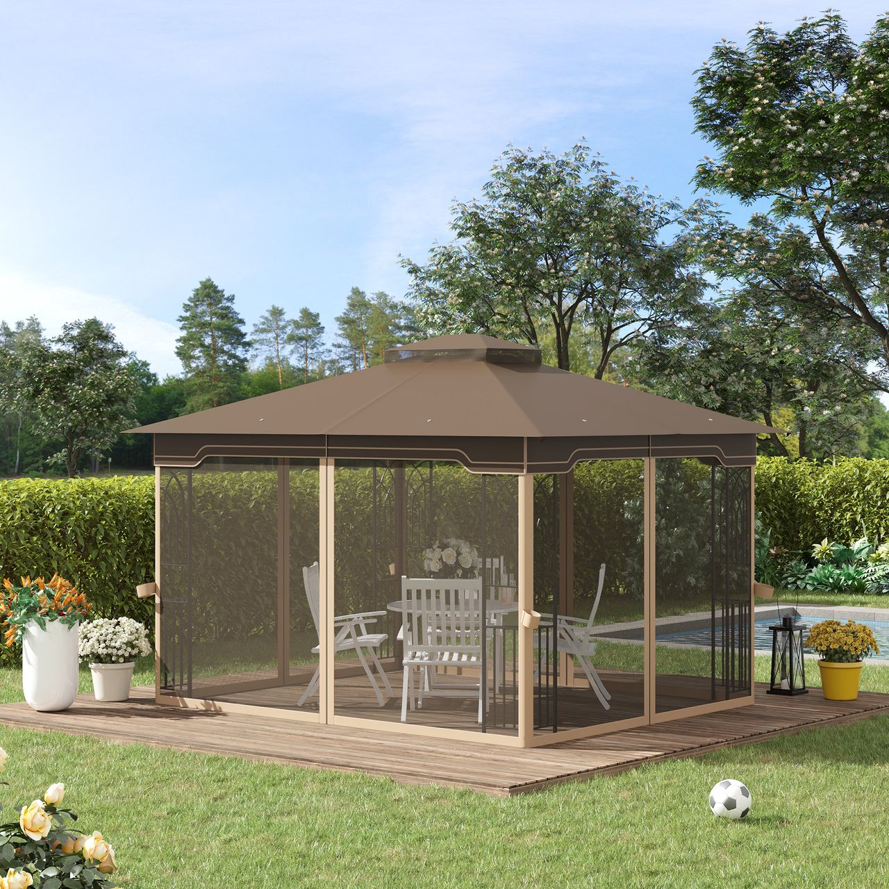 Outsunny Pavillon Gartenpavillon 3,65 x 3 m Gartenzelt Festzelt Partyzelt mit 4 x Moskitonetz atmungsaktivem Doppeldach Metall Polyester Braun Beige