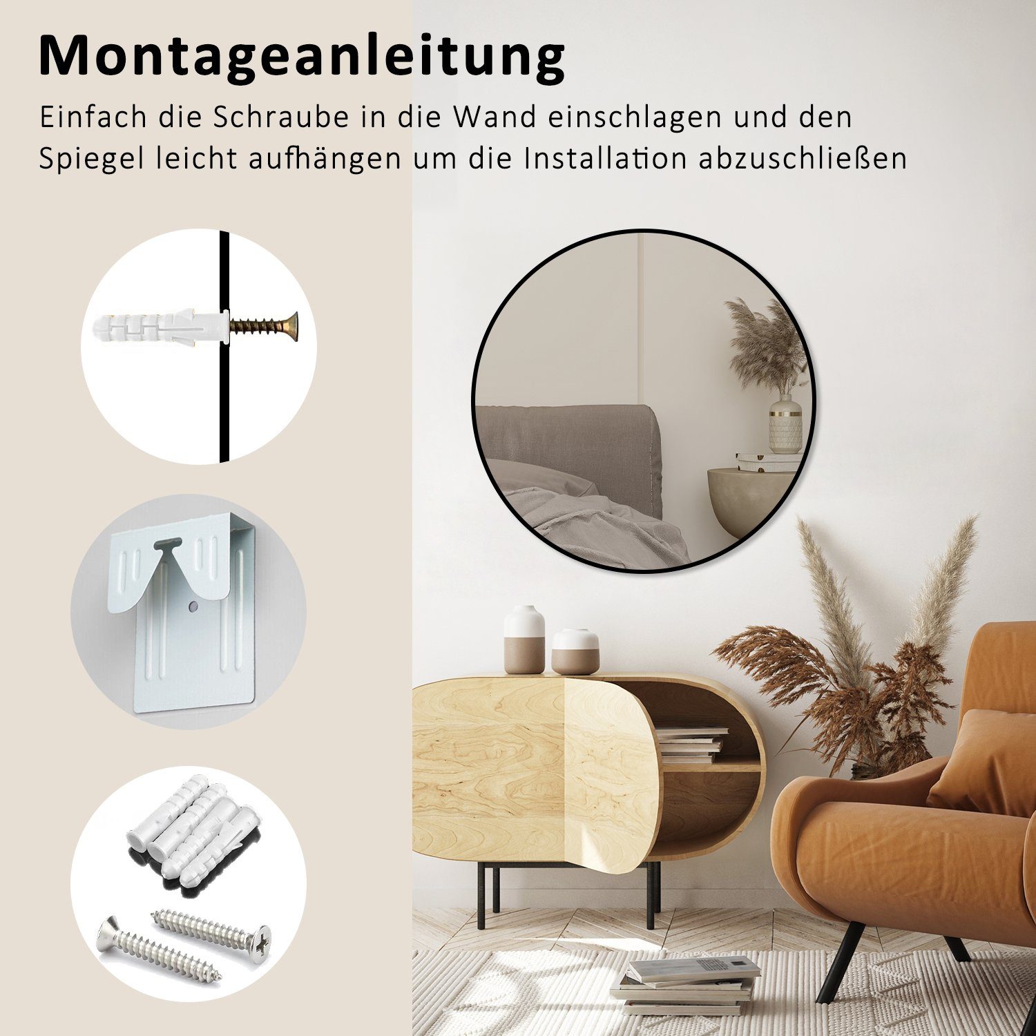 Boromal Rahmenspiegel-rund Wandspiegel Rund 80 cm druchmesser Groß Schwarz Metall Flurspiegel, für Badezimmer Waschtisch Wohnzimmer Schlafzimmer Esszimmer Eingänge