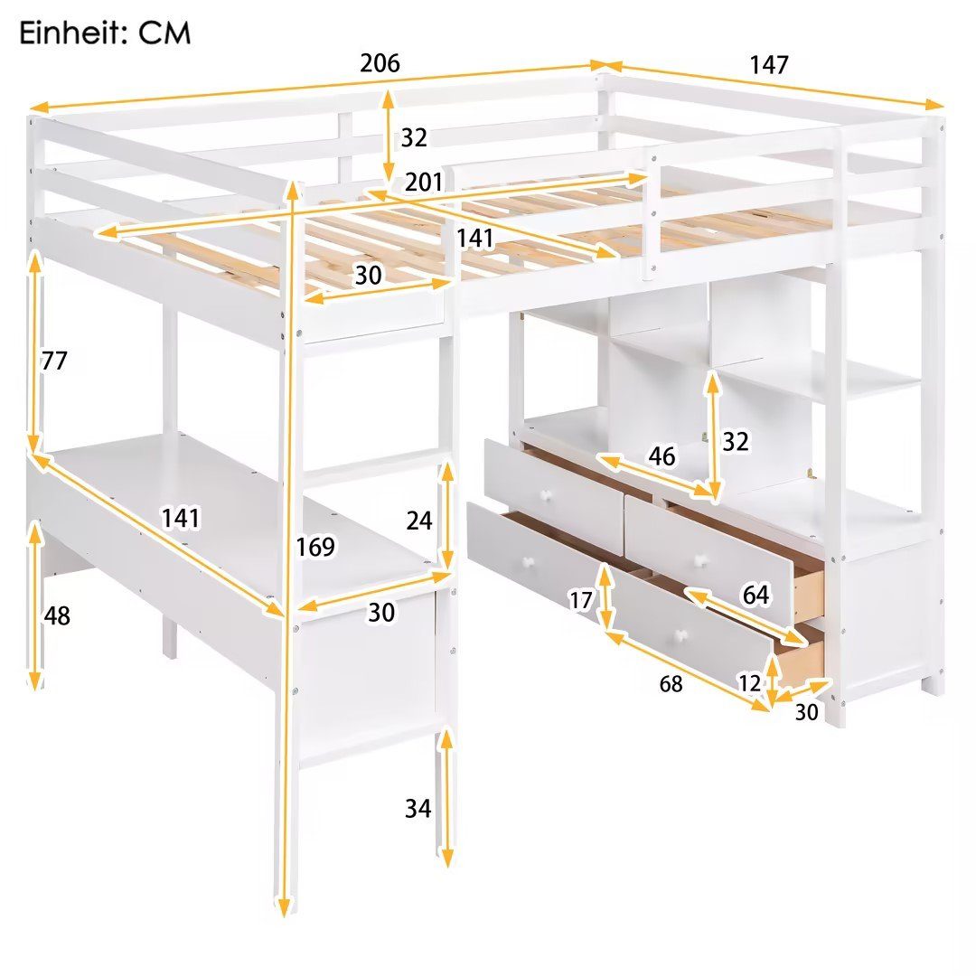 Fangqi Hochbett Großes Hochbett, Jugendbett mit Stauraum Schubladen und Schreibtisch