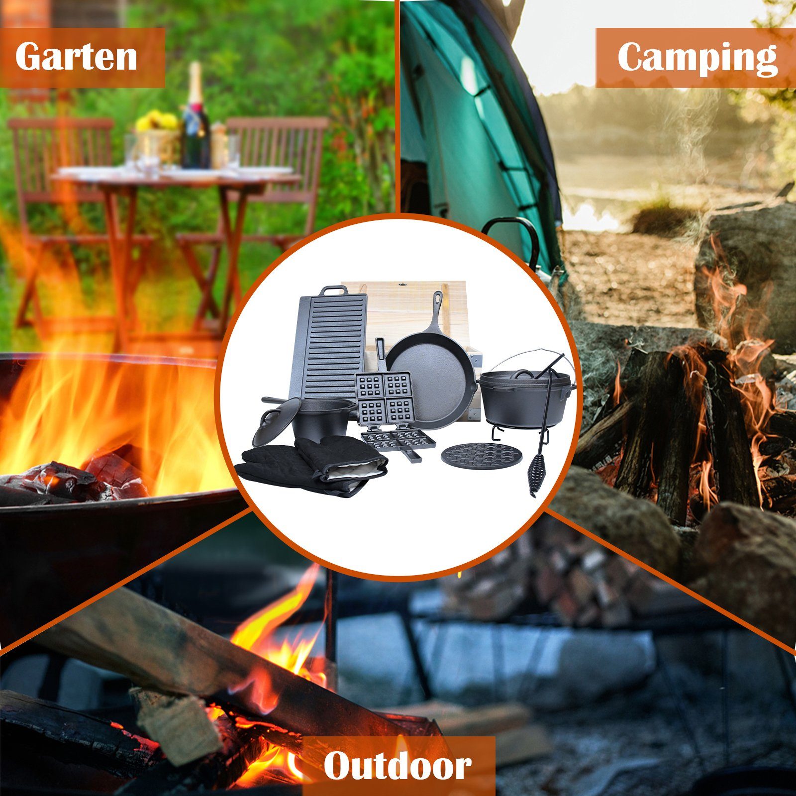 UISEBRT Feuertopf 12-teilig Dutch Oven Set in Holzkiste, mit viel Zubehör