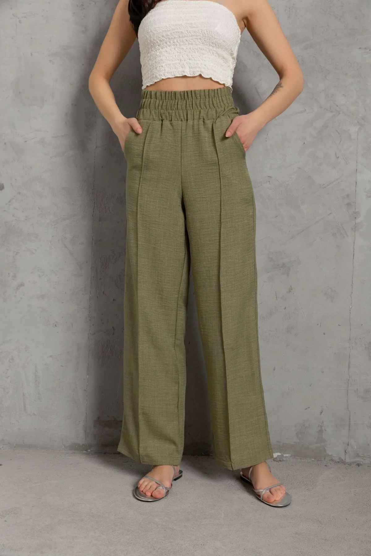 Domoda  Dekorative elastische Taille Weites Bein Doppeltasche Baumwolle Damenhose @Como