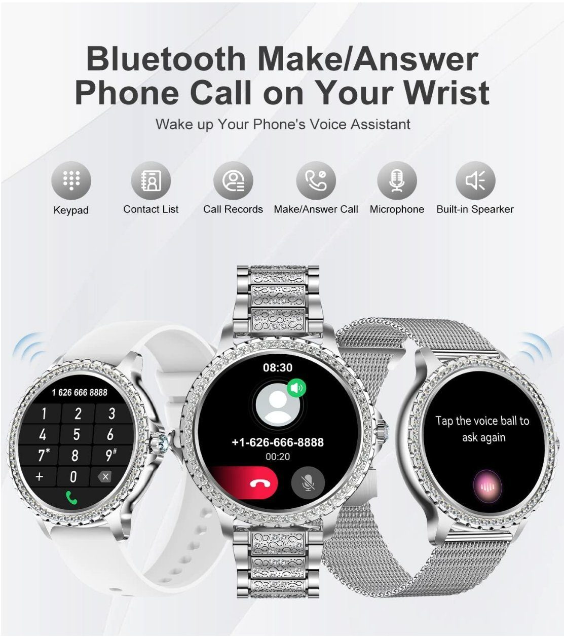 Lige Smartwatch, Damen Elegant Mit Telefonfunktion Wasserdicht Rund Silber Smart Watch