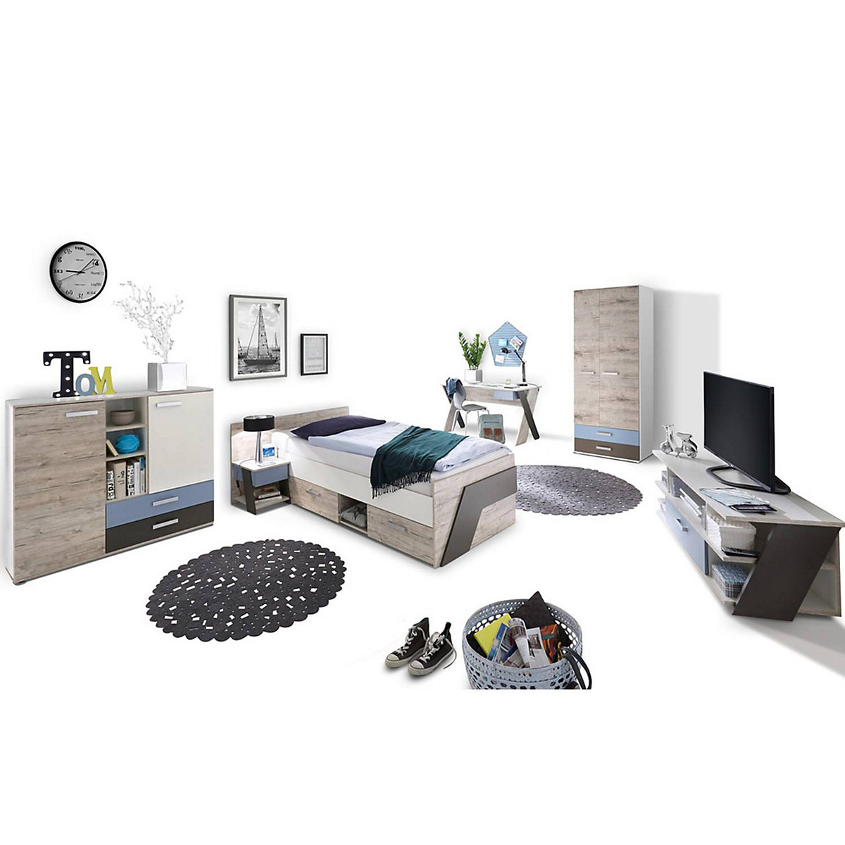 Jugendzimmer Set mit Bett 90x200 cm 5-teilig mit Kleiderschrank LEEDS-10 in Sandeiche Nb. mit weiß, Lava und Denim Blau