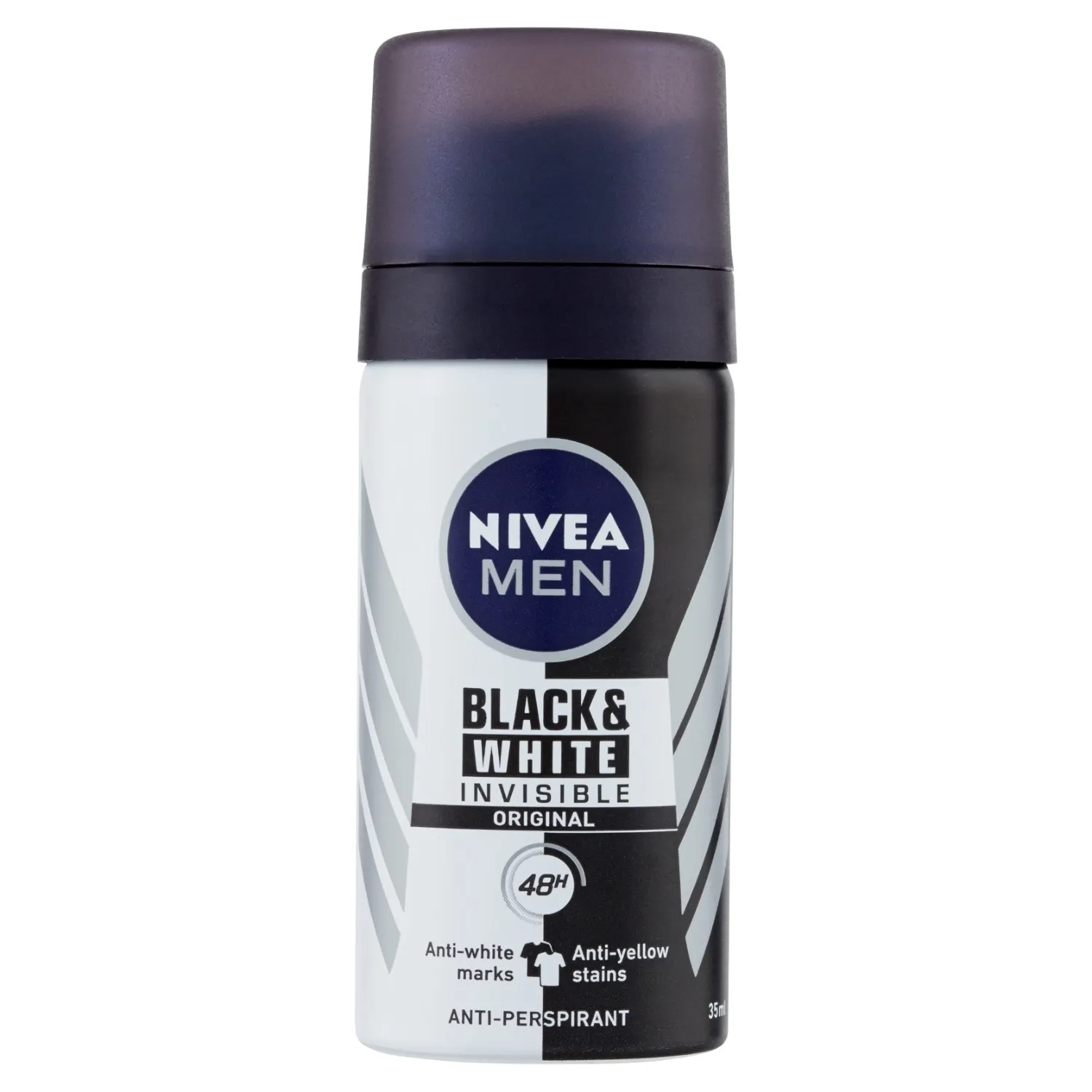 Desodorante invisible en spray blanco y negro para hombre, envase pequeño de 35 ml.