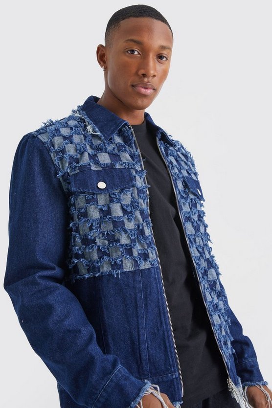 Gespleißte Jeansjacke mit Schachbrett-Print