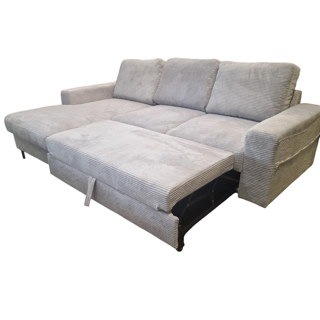 Möbel Punkt Ecksofa SAIGON Cord Lichtgrau mit Bettfunktion und Bettkasten Bett Sofa Schlafsofa Ottomane links