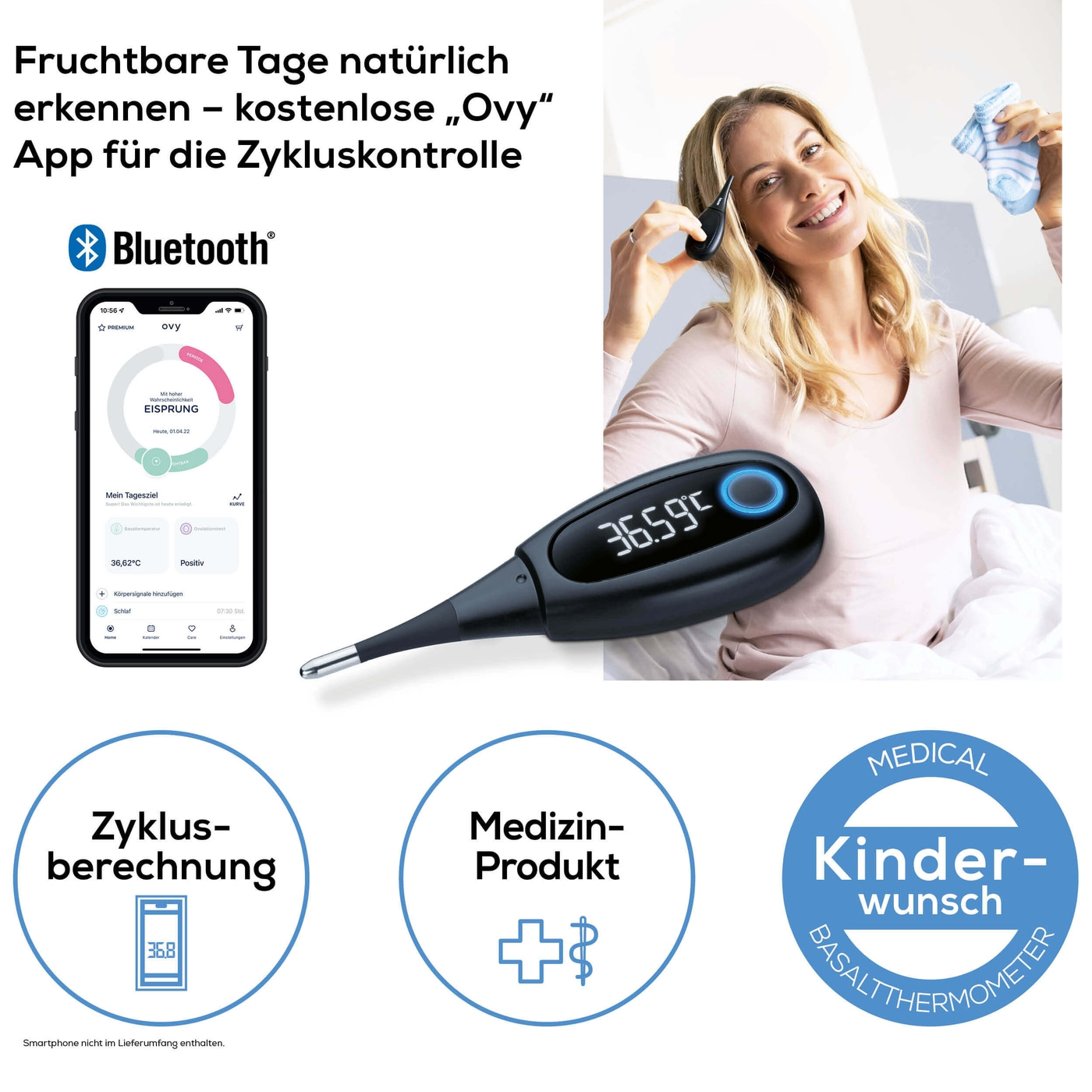 Beurer Basalthermometer OT 30-Basalthermometer für Schwangerschaft oder Zyklustracking - Bluetooth® kompatibel mit „Ovy“ App