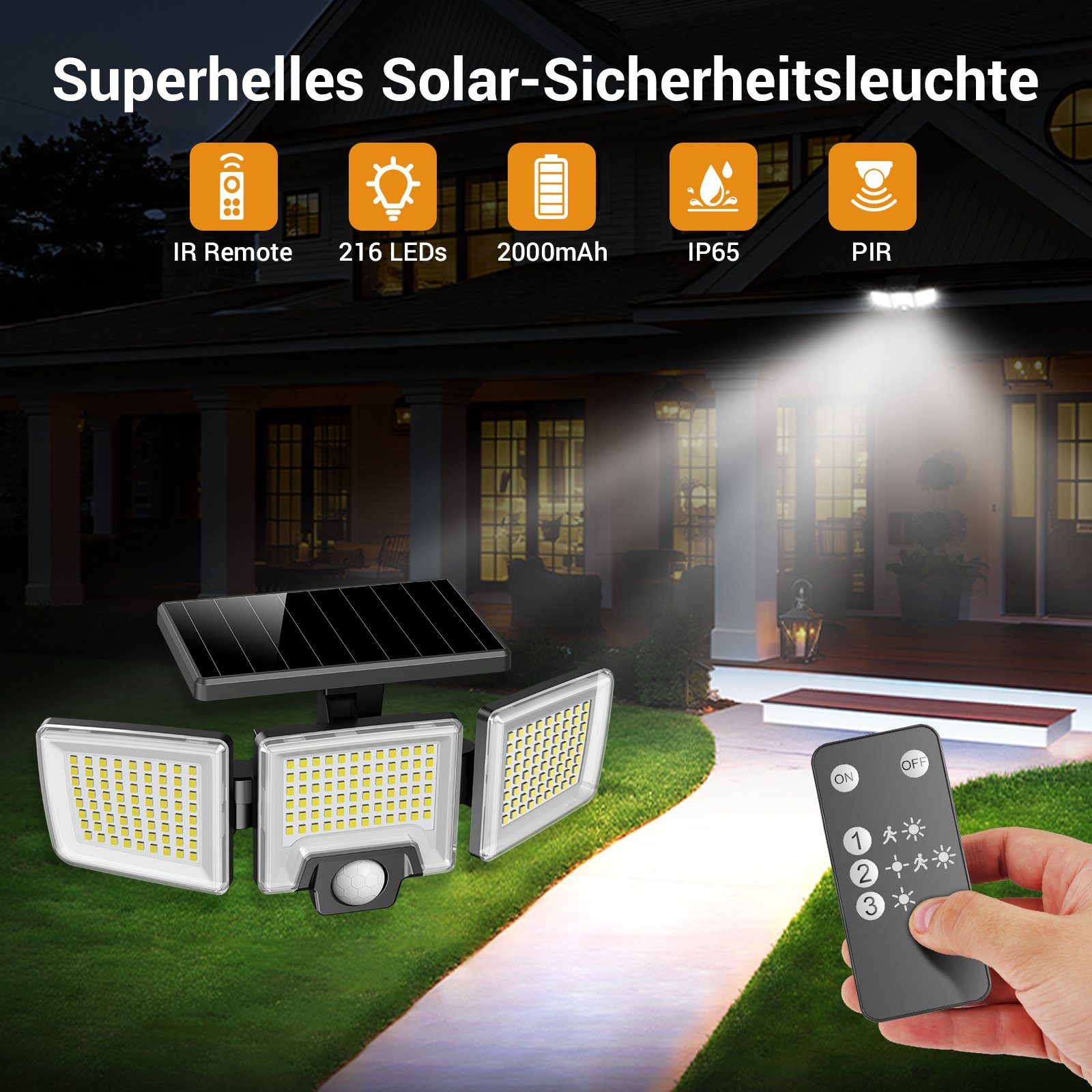 Mustwin LED Solarleuchte Solarleuchte LED Solarlampe Fluter mit IR-Fernbedienung Außen Garten, LED fest integriert, LED Solar Lampe